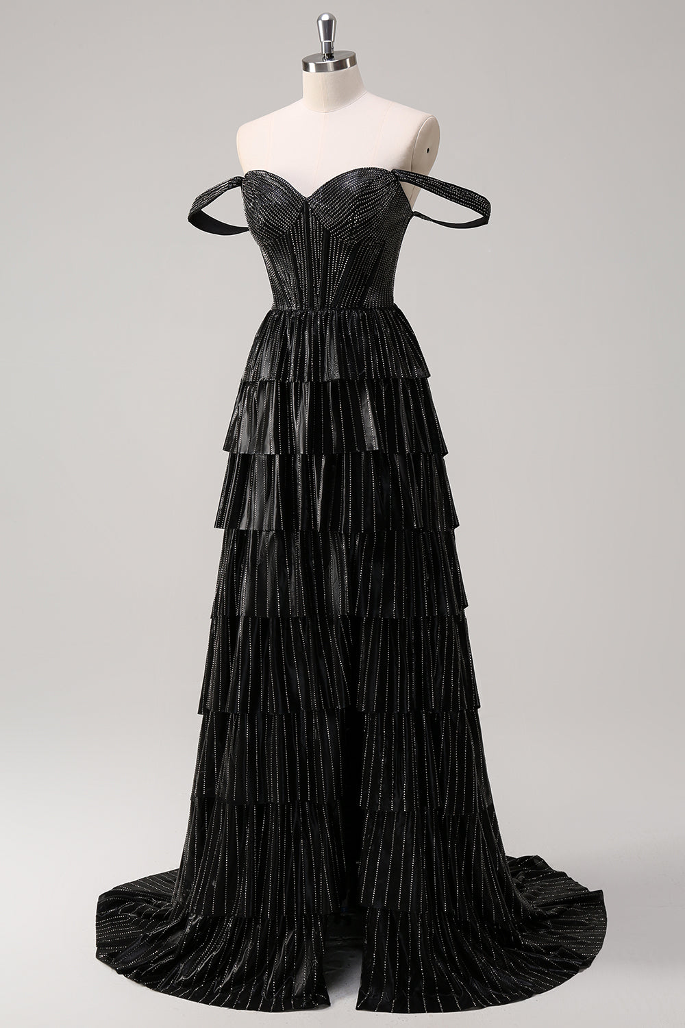 Black Beading Tiered Off the Shoulder Prom Dress with Slit