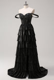 Black Beading Tiered Off the Shoulder Prom Dress with Slit