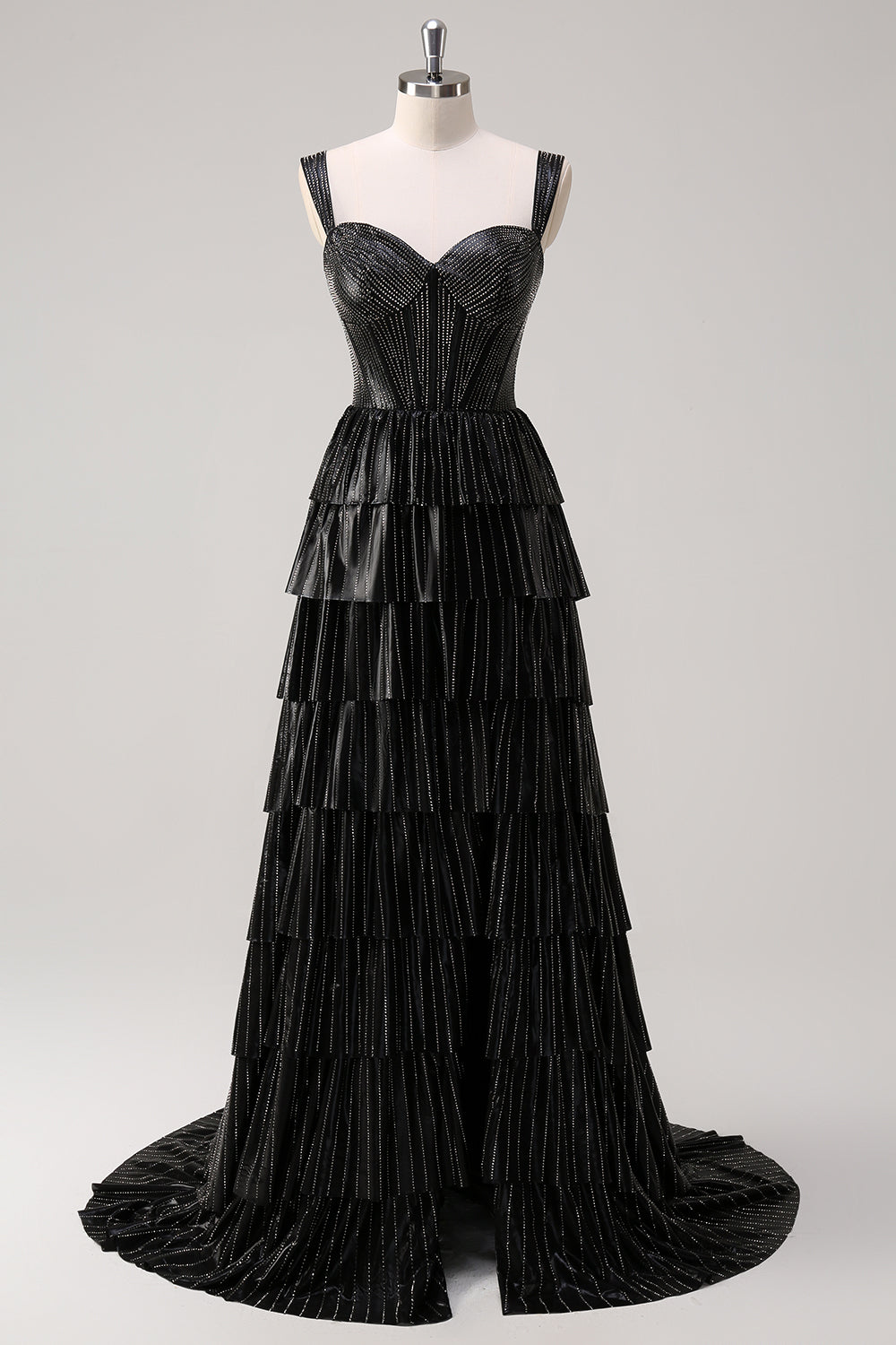 Black Beading Tiered Off the Shoulder Prom Dress with Slit