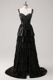 Black Beading Tiered Off the Shoulder Prom Dress with Slit