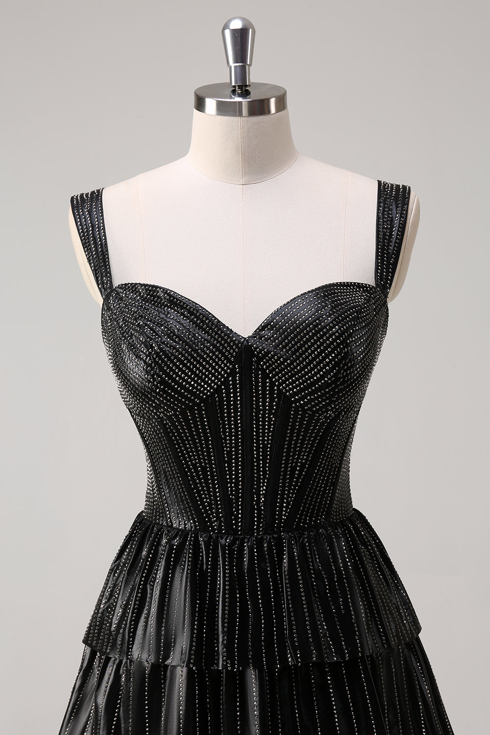 Black Beading Tiered Off the Shoulder Prom Dress with Slit