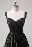 Black Beading Tiered Off the Shoulder Prom Dress with Slit