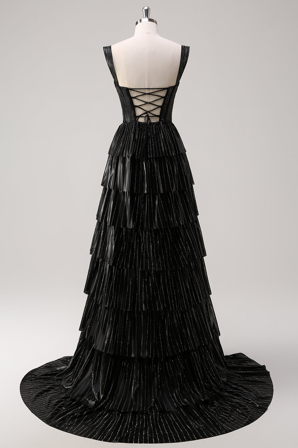 Black Beading Tiered Off the Shoulder Prom Dress with Slit