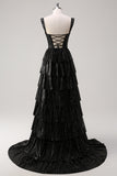 Black Beading Tiered Off the Shoulder Prom Dress with Slit