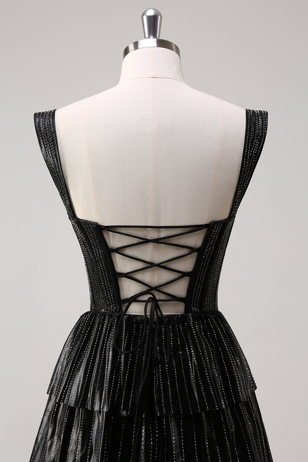 Black Beading Tiered Off the Shoulder Prom Dress with Slit