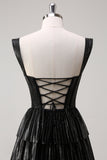 Black Beading Tiered Off the Shoulder Prom Dress with Slit