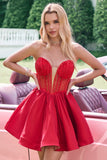 Cute Red Strapless Beaded Corset Pleated A Line Mini Dress