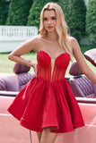 Cute Red Strapless Beaded Corset Pleated A Line Mini Dress