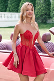 Cute Red Strapless Beaded Corset Pleated A Line Mini Dress