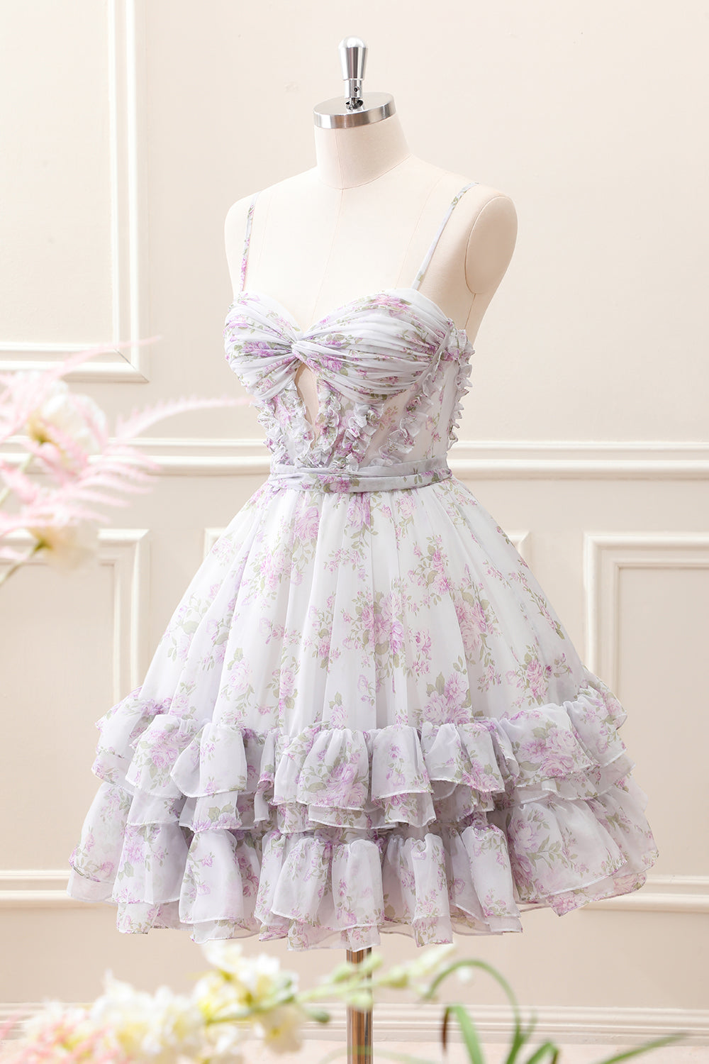 Lilac A-Line Floral Prints Ruffled Tiered Mini Dress