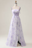 Lavender Flower A Line Spaghetti Straps Print Pleated Long Maxi Dress