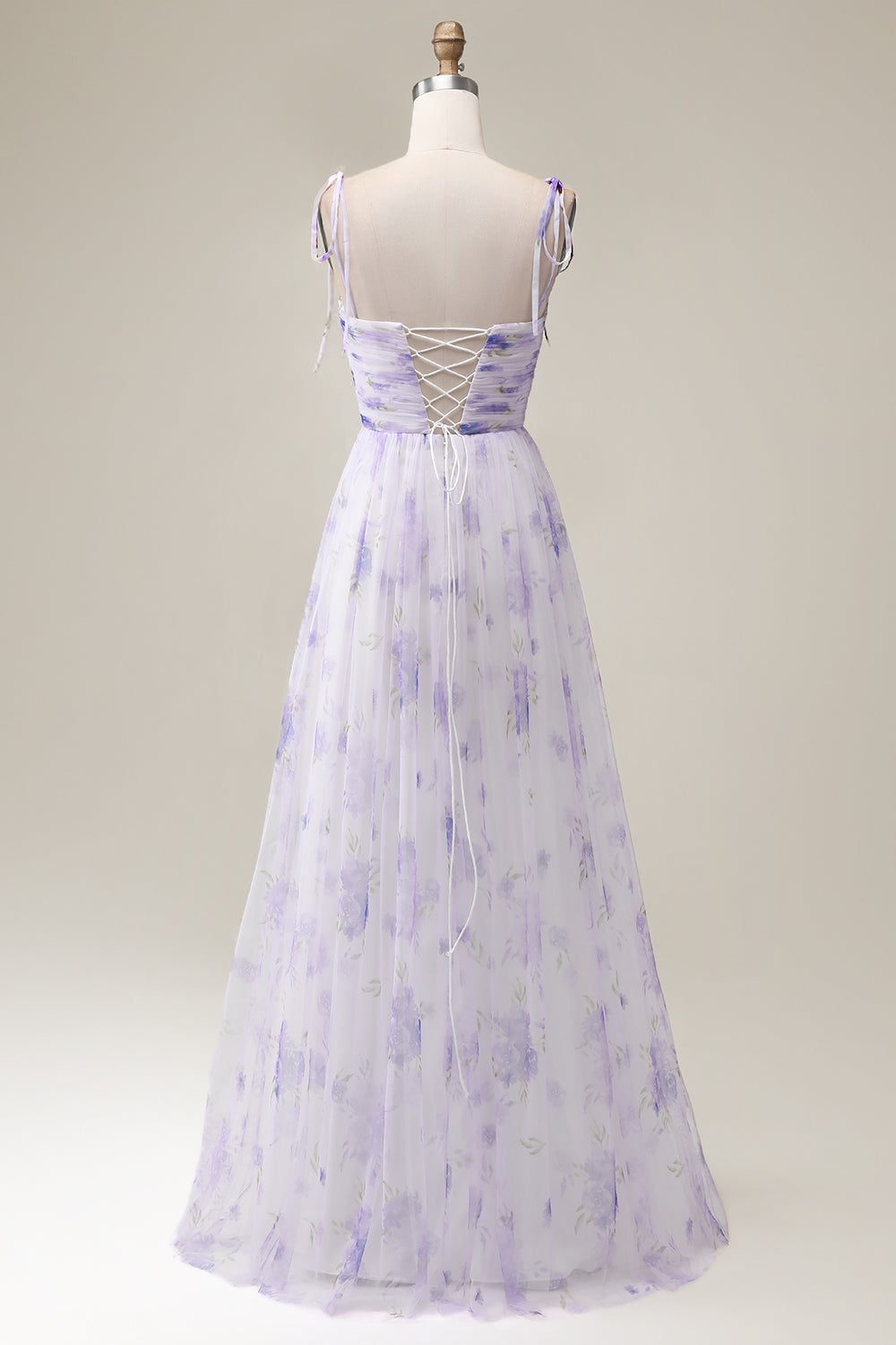 Lavender Flower A Line Spaghetti Straps Print Pleated Long Maxi Dress