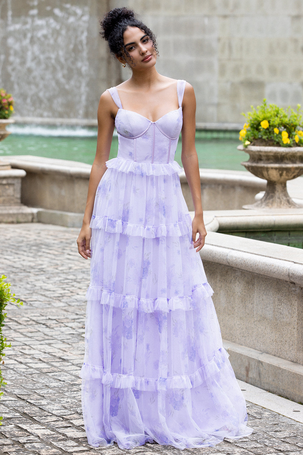 Lavender A Line Corset Spaghetti Straps Floral Tiered Maxi Dress