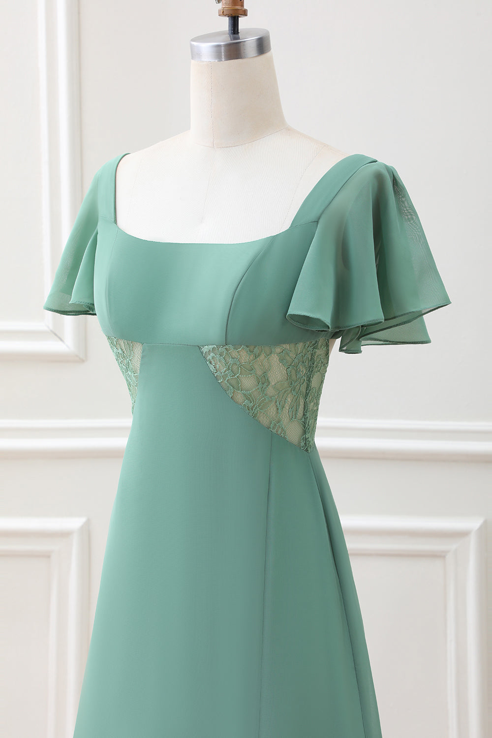 A Line Eucalyptus Square Neck Chiffon Tea-length Dress with Slit