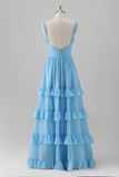 Blue Chiffon Tiered Ruffles Backless Bridesmaid Dress