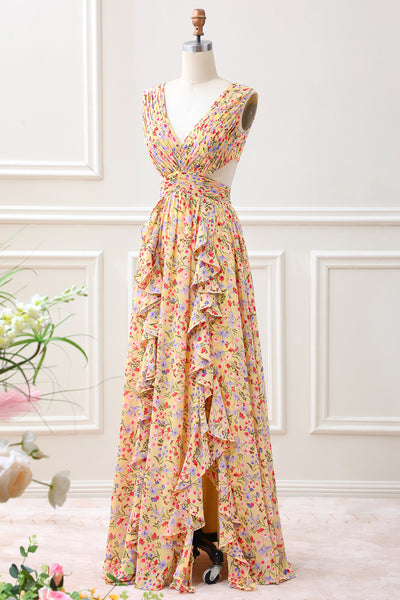 Berylove Women Yellow Flower Wedding Guest Dress V Neck Pleated Ruffles ...