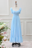 Sky Blue A Line Chiffon Tea-Length Dress with Ruffle Sleeves