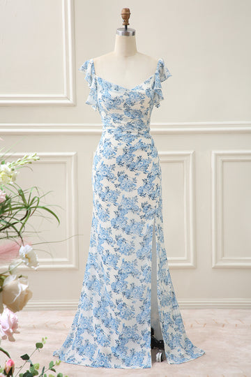 Sheath White Blue Flower Mermaid Maxi Dress with Slit