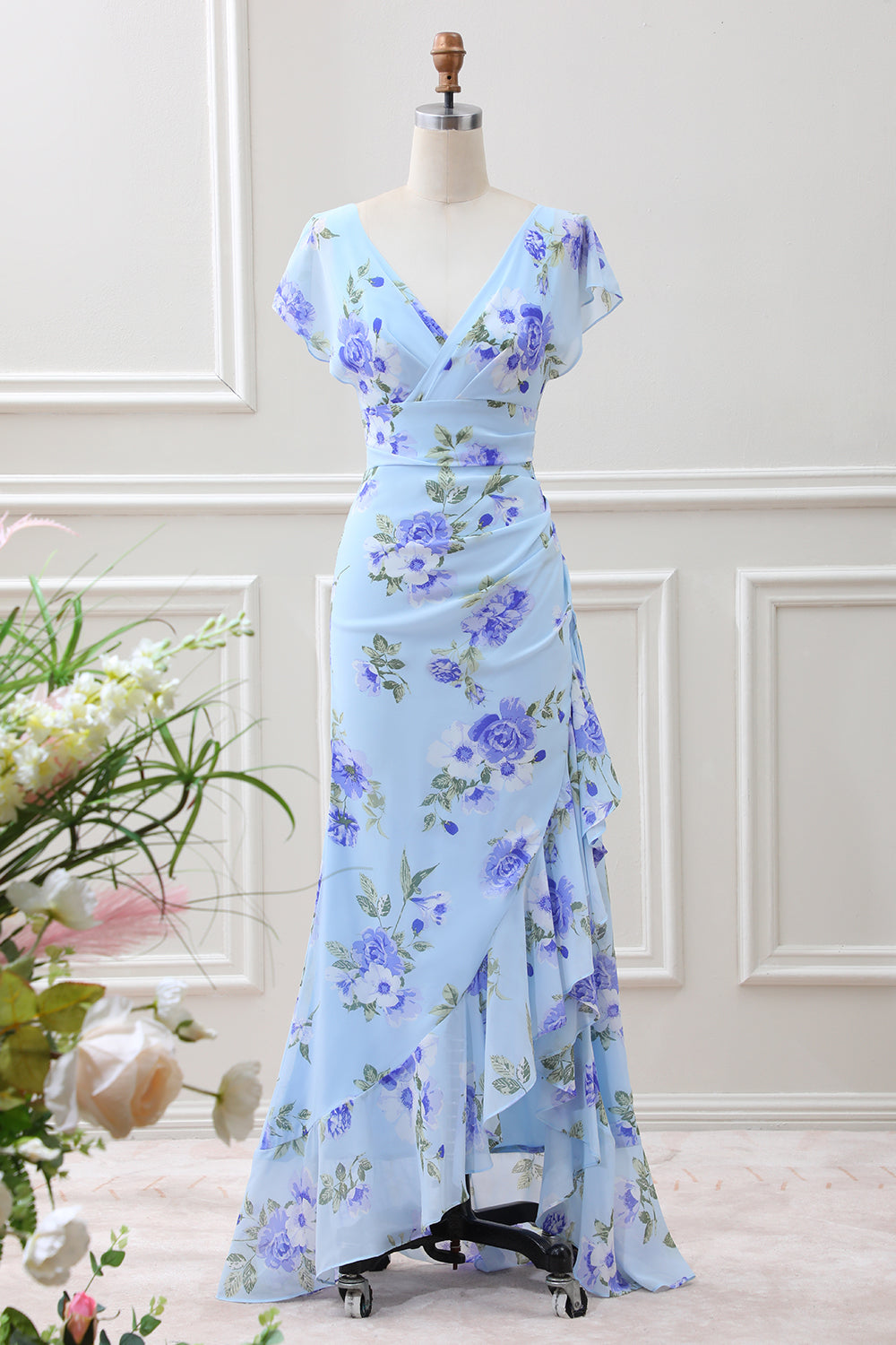 Blue Floral A Line Ruffles Asymmetrical Maxi Dress