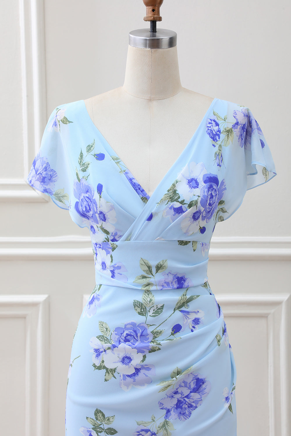 Blue Floral A Line Ruffles Asymmetrical Maxi Dress