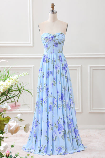Berylove Women Blue Floral Wedding Guest Dress A Line Sweetheart Strapless Pleated Long Bridesmaid Dress, Blue Flower / US22W