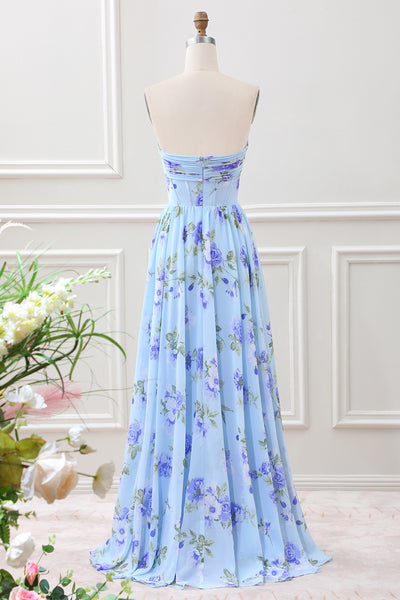 Berylove Women Blue Floral Wedding Guest Dress A Line Sweetheart Strapless Pleated Long Bridesmaid Dress, Blue Flower / US22W Berylove Women Blue Floral Wedding Guest Dress A Line Sweetheart Strapless Pleated Long Bridesmaid Dress, Blue Flower / US22W
