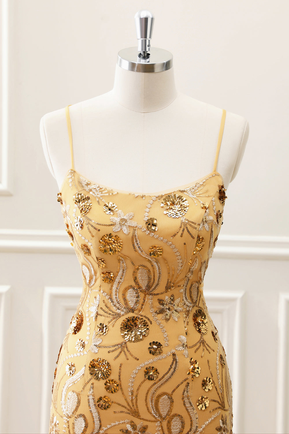 Glitter Yellow Sequined Embroidery Tight Mini Dress with Beading