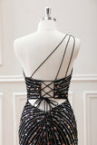 Sparkly Black Bodycon One Shoulder Lace Up Back Mini Dress with Sequins