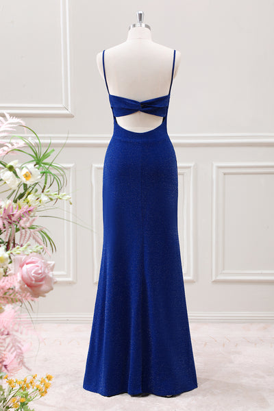 Berylove Women Glitter Dark Blue Wedding Guest Dress Mermaid Spaghetti Straps Maxi Dress with Slit, Light Blue / US10