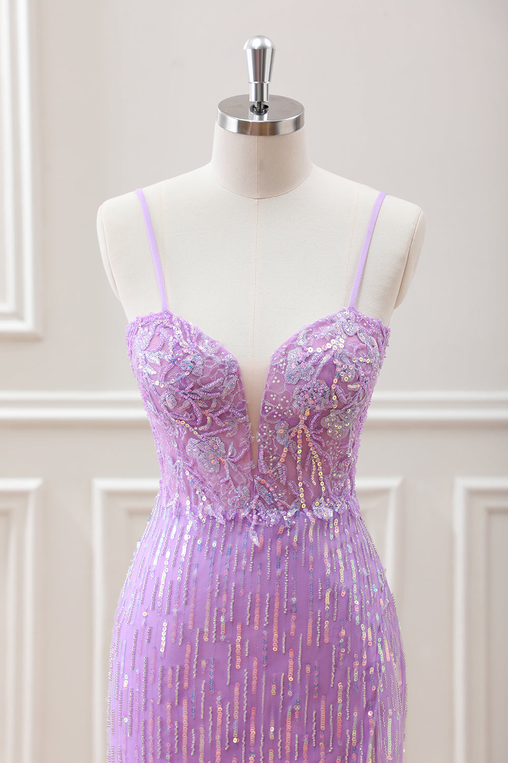 Sparkly Lilac Sequins Beaded Bodycon Mini Dress with Appliques