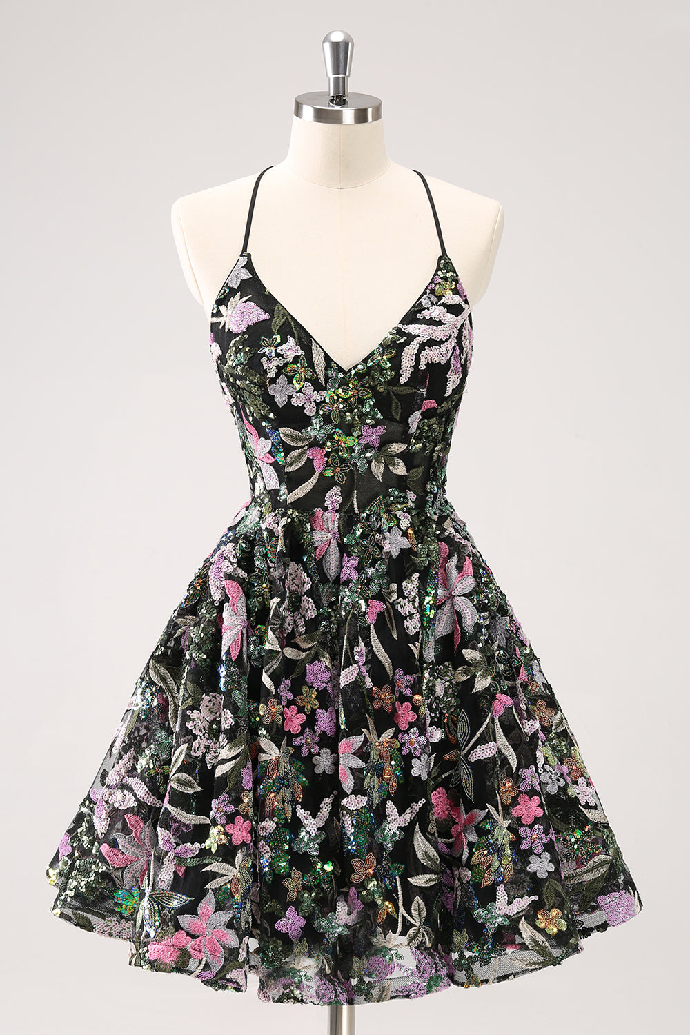 Sparkly Black A Line Floral Mini Dress with Sequins