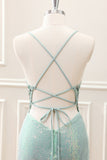 Glitter Dusty Green Tight Sequins V Neck Mini Dress