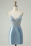 Glitter Dusty Blue Beaded Tight Satin Mini Dress