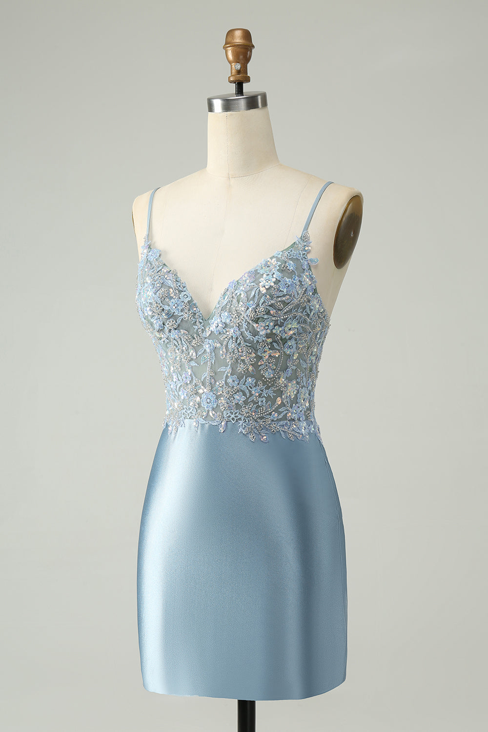 Glitter Dusty Blue Beaded Tight Satin Mini Dress