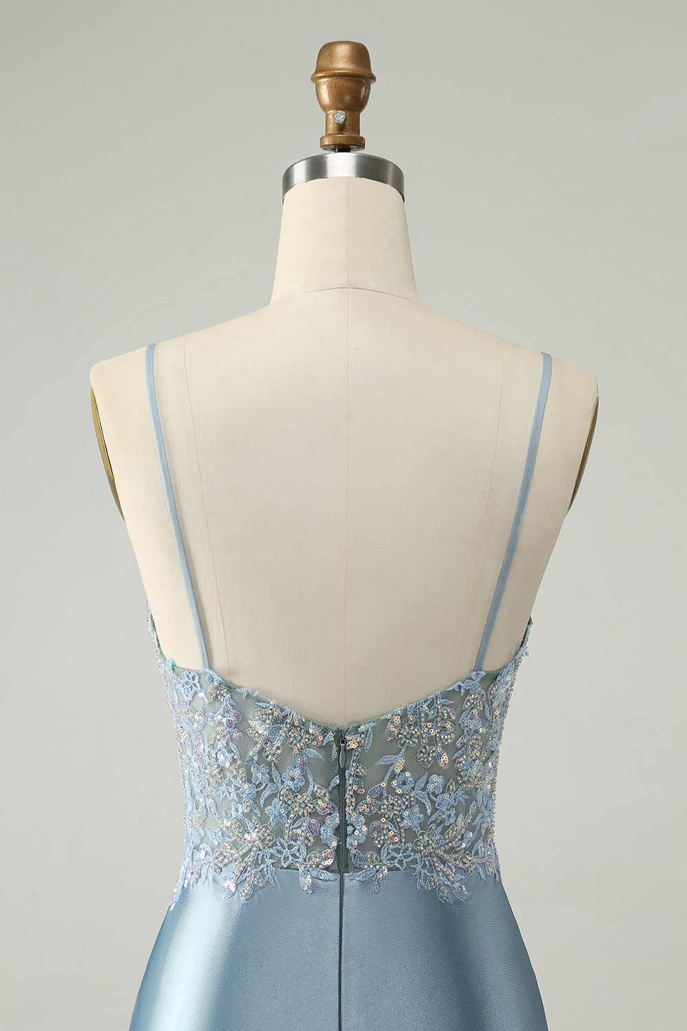 Glitter Dusty Blue Beaded Tight Satin Mini Dress