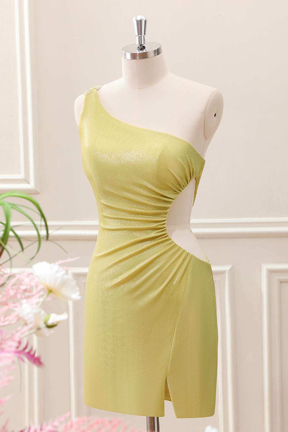 Stylish Yellow Bodycon One Shoulder Mini Dress with Hollow Out
