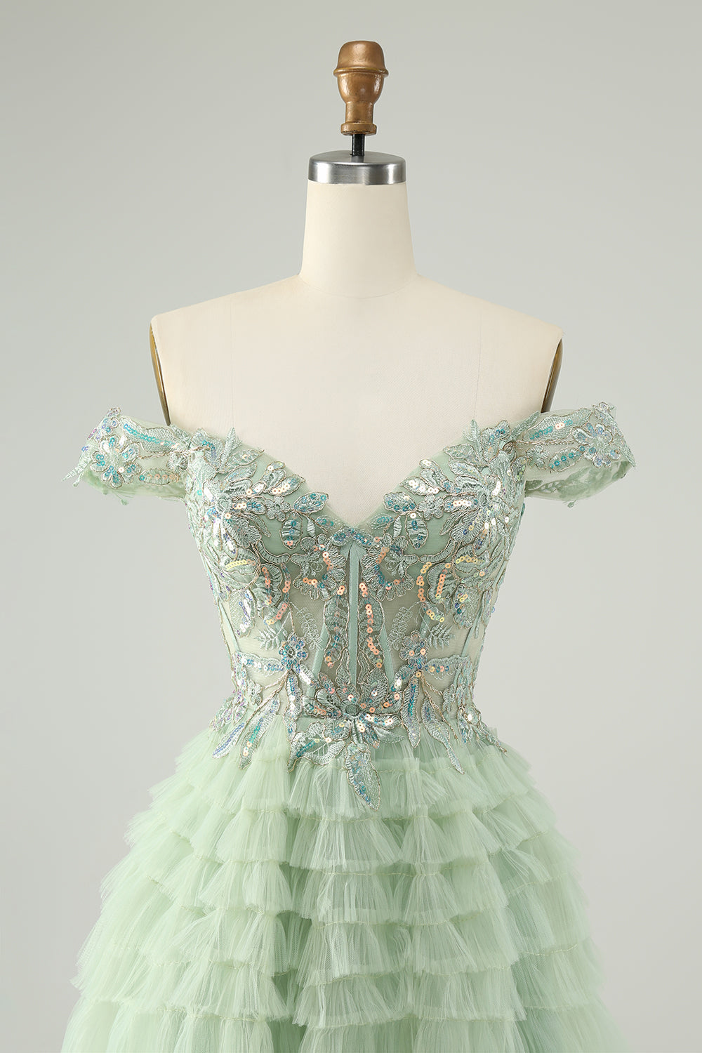 Sparkly Light Green A Line Off The Shoulder Corset Tulle Mini Dress