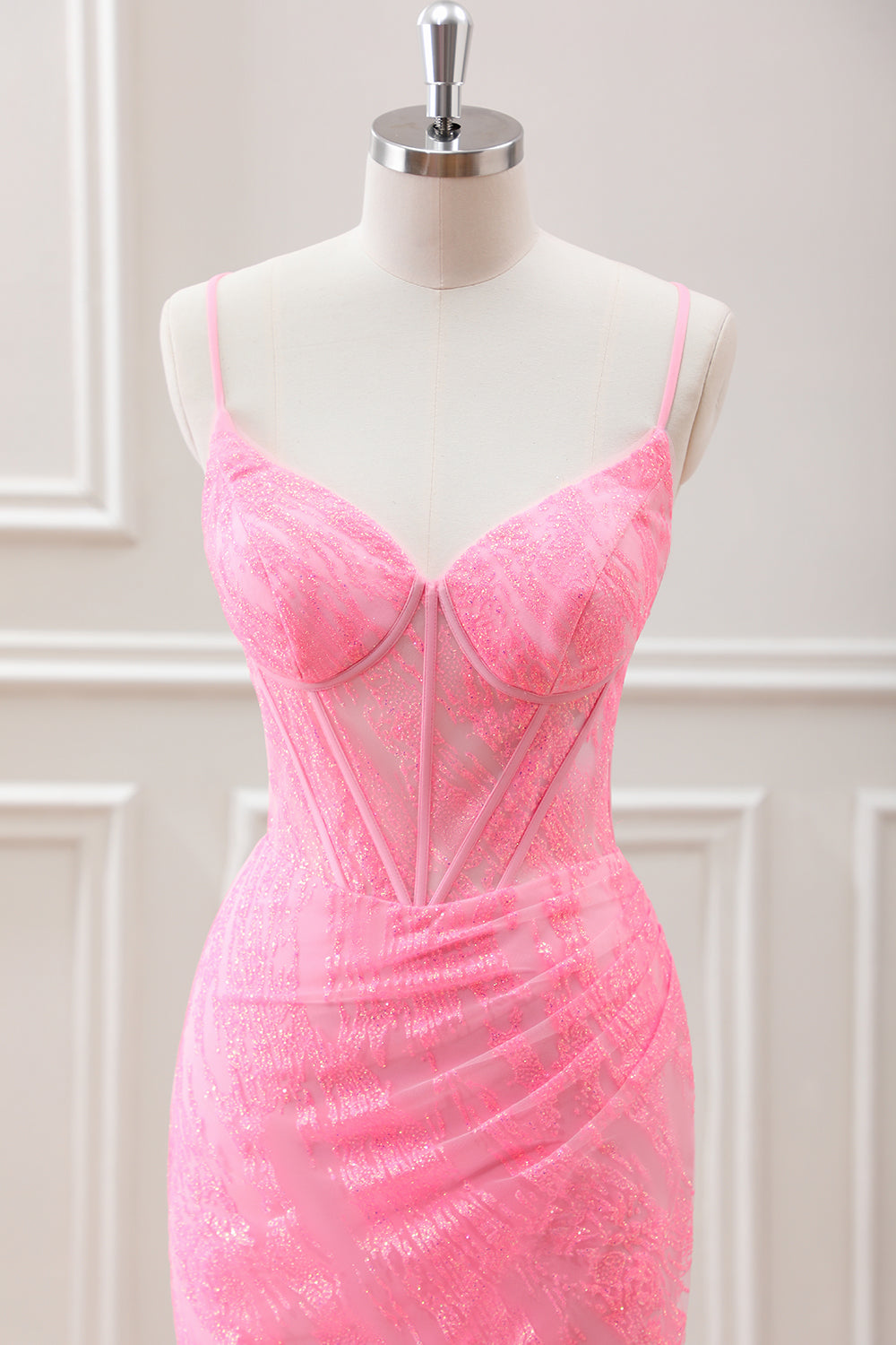 Pleated Pink Beaded Corset Bodycon Mini Dress with Lace up Back