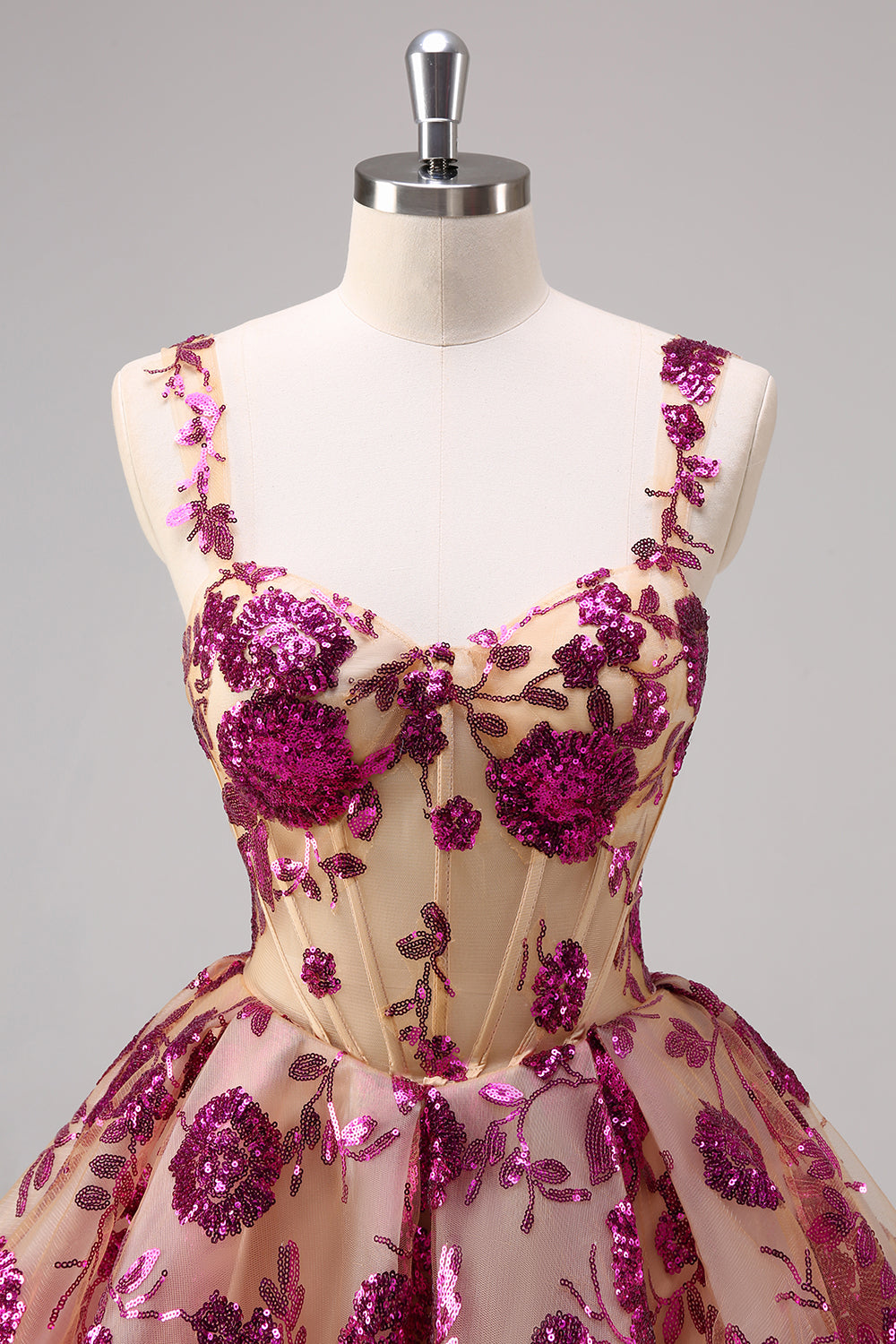 Sparkly White A-Line Floral Corset Mini Dress