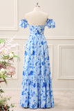 Blue Floral Off the Shoulder Ruffled A Line Maxi Dress