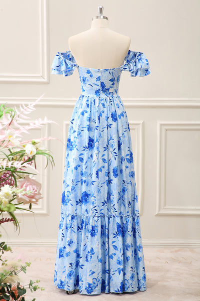 Berylove Women Blue Floral Wedding Guest Dress Off the Shoulder Ruffled A Line Maxi Dress