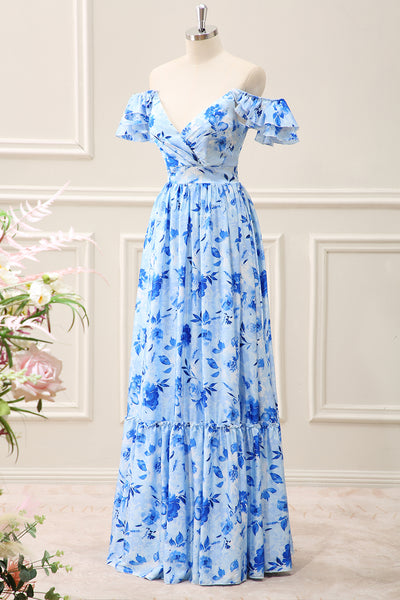 Berylove Women Blue Floral Wedding Guest Dress Off the Shoulder Ruffled A Line Maxi Dress, Blue / US22W Berylove Women Blue Floral Wedding Guest Dress Off the Shoulder Ruffled A Line Maxi Dress, Blue / US22W