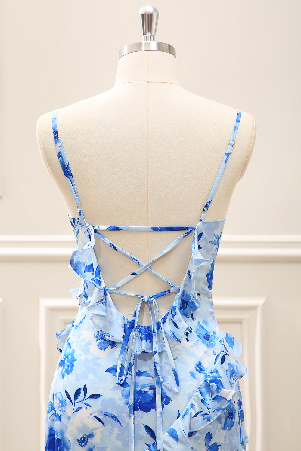 Blue Sheath Floral Ruffled Maxi Dress with Slit