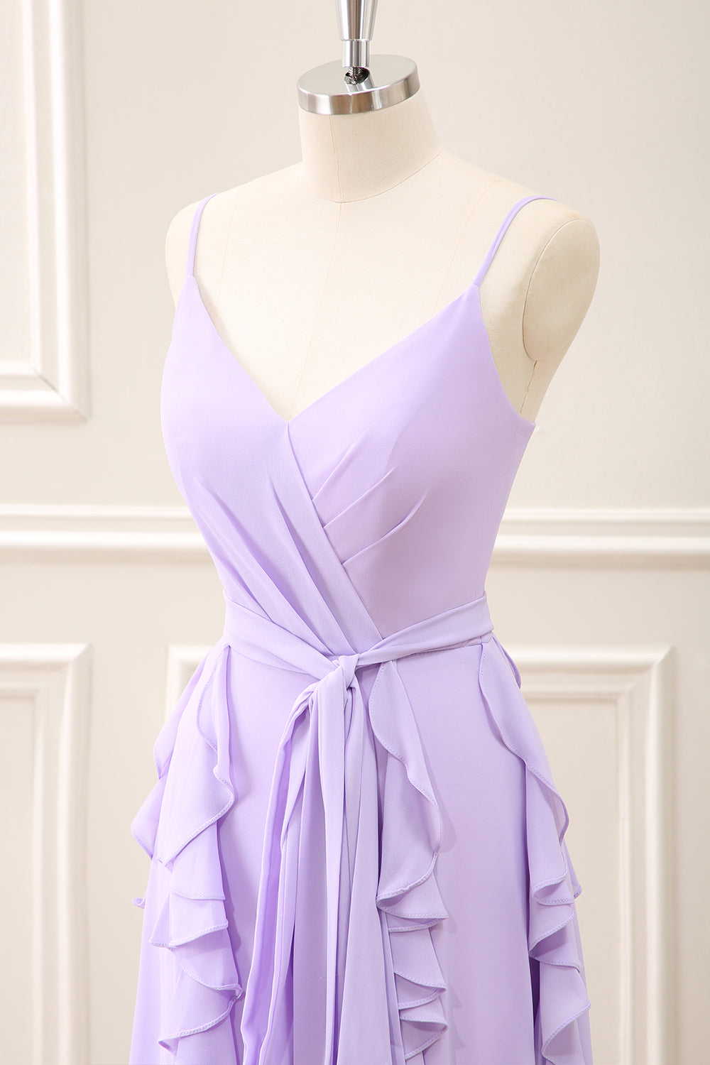 Lilac Spaghetti Straps Sheath Ruffles Bow Maxi Dress with Slit