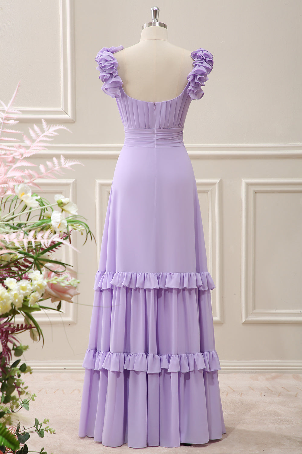 Lilac A Line Chiffon Ruched Maxi Dress with Ruffles