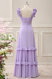 Lilac A Line Chiffon Ruched Maxi Dress with Ruffles