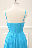 Peacock Blue Pleated A Line Maxi Dress