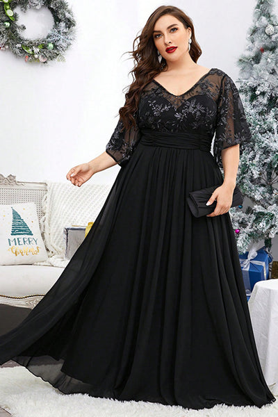 Berylove Women Maxi Mother Dress Plus Size Black V Neck Half Sleeves Embroidered Wedding Party Guest Dress
