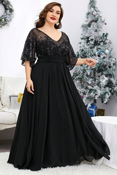 Berylove Women Maxi Mother Dress Plus Size Black V Neck Half Sleeves Embroidered Wedding Party Guest Dress, Black / 3XL Berylove Women Maxi Mother Dress Plus Size Black V Neck Half Sleeves Embroidered Wedding Party Guest Dress, Black / 3XL
