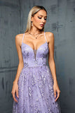 Lilac Appliques A Line V Neck Spaghetti Straps Tulle Maxi Dress